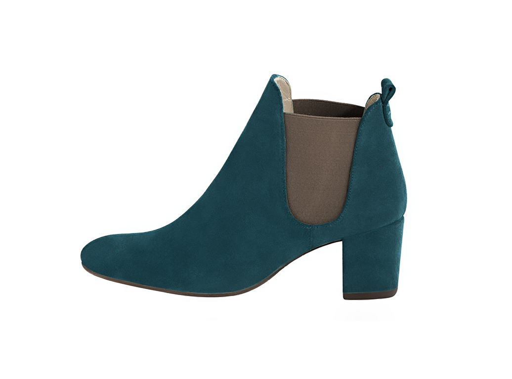 Peacock blue and taupe brown women's ankle boots, with elastics. Round toe. Medium block heels. Profile view - Florence KOOIJMAN
